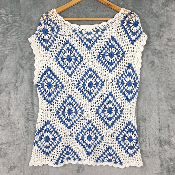 Womens Sweater Medium Boho Crochet Open Knit Grandma Square Cottagecore Sheer - Picture 6 of 7